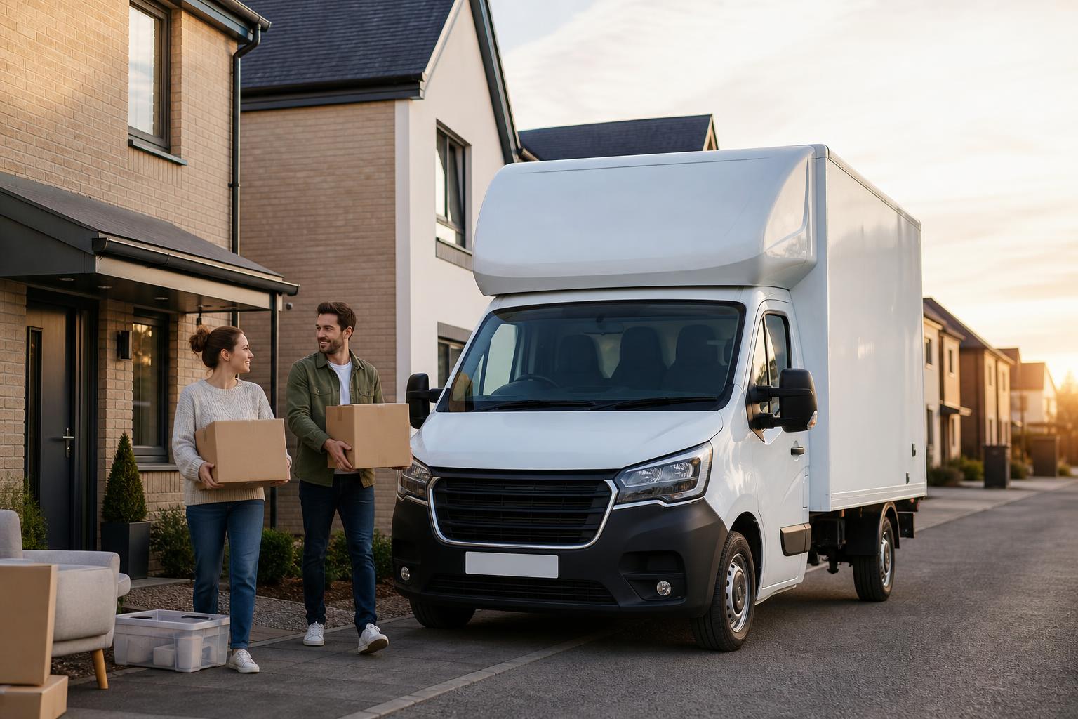 White Luton hire van on a residential street in Didcot during a house move