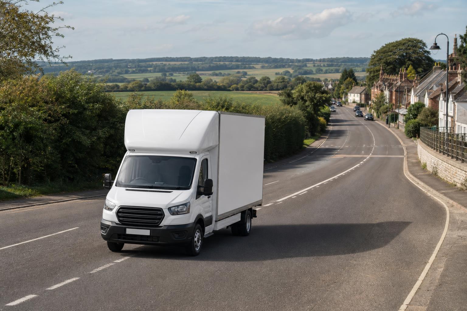White Luton van on a road near Hungerford with countryside in the background